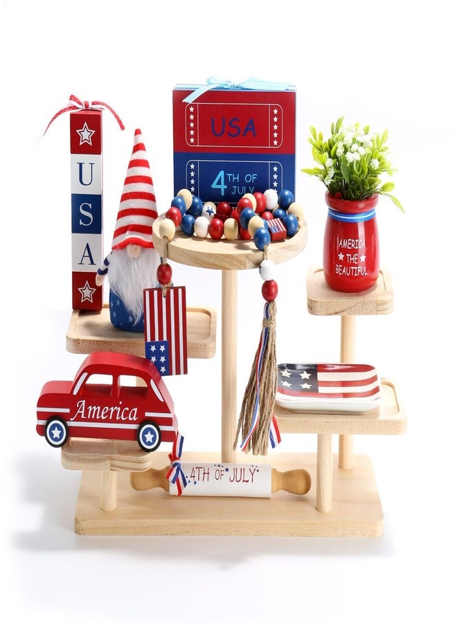 SYNCVIBE 4th of July Decorations Patriotic Tiered Tray Decor Set, 8 Pcs Fourth of July Memorial Day Decorations for Home Office Independence Day Centerpieces for Table Shelf Tray Red White and Blue Decor - Image 1