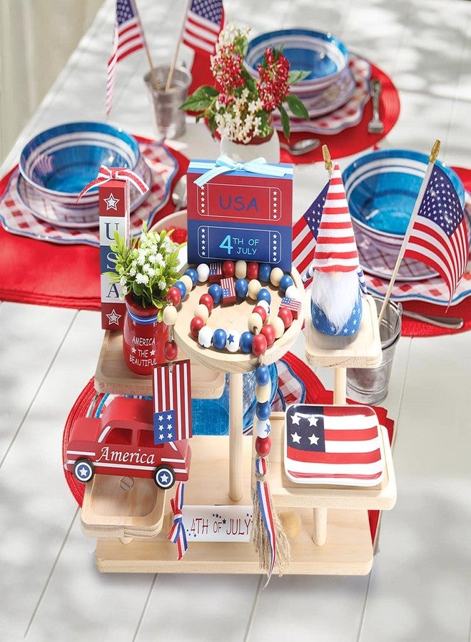 SYNCVIBE 4th of July Decorations Patriotic Tiered Tray Decor Set, 8 Pcs Fourth of July Memorial Day Decorations for Home Office Independence Day Centerpieces for Table Shelf Tray Red White and Blue Decor - Image 4
