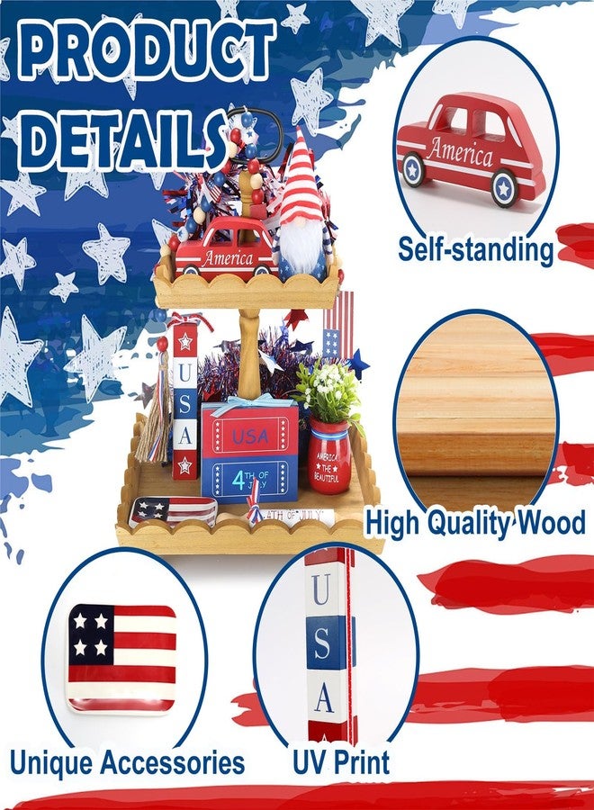 SYNCVIBE 4th of July Decorations Patriotic Tiered Tray Decor Set, 8 Pcs Fourth of July Memorial Day Decorations for Home Office Independence Day Centerpieces for Table Shelf Tray Red White and Blue Decor - Image 2