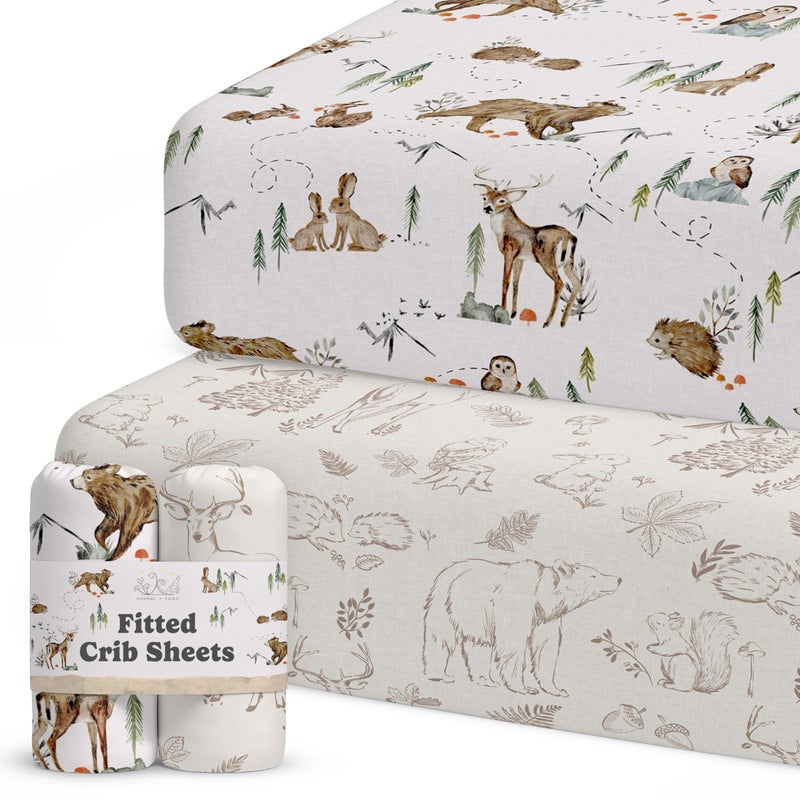 Sorrel + Fern Crib Sheets Neutral - Fitted Baby Crib Sheets Bed for Girl Boy - 2 Pack Standard & Toddler Mattress - Buttery Soft Organic Cotton Blend (Magic Forest) - Image 1