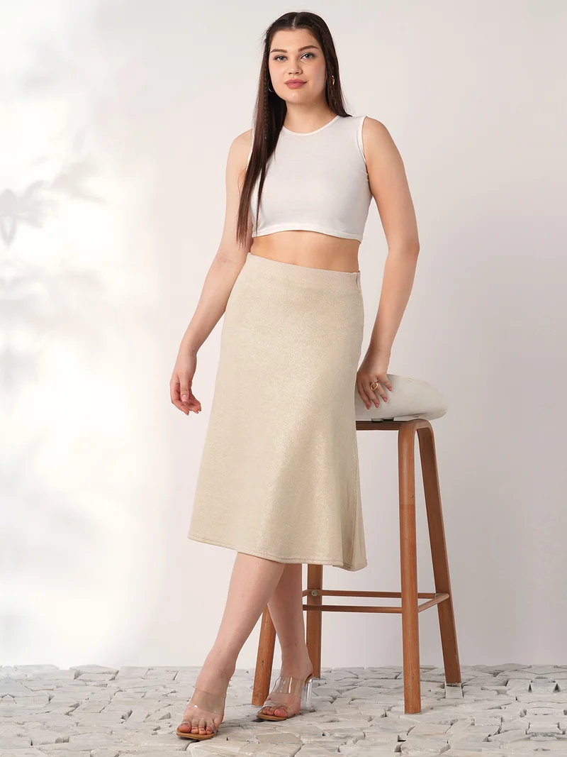 globus Globus Women Ivory Shimmer Ribbed Mid-Rise Flared Midi Party Skirt