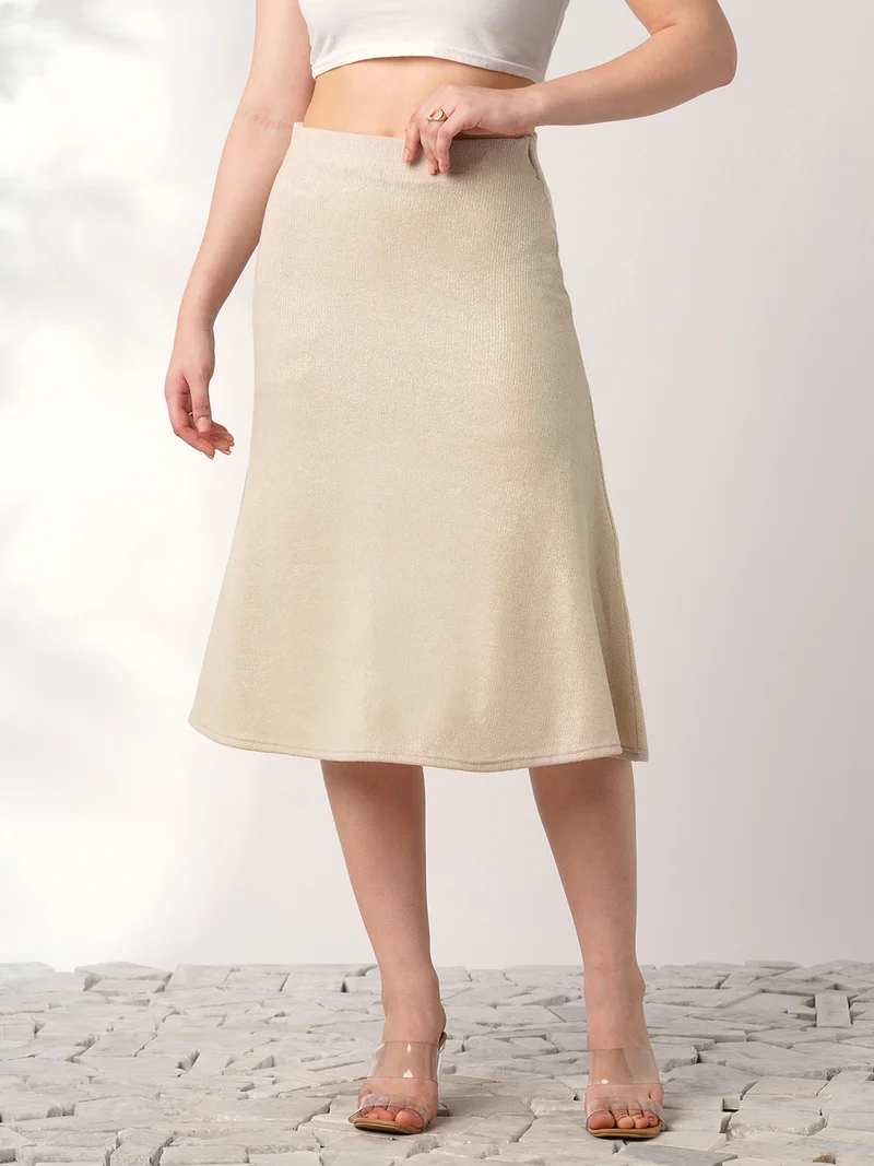 globus Globus Women Ivory Shimmer Ribbed Mid-Rise Flared Midi Party Skirt