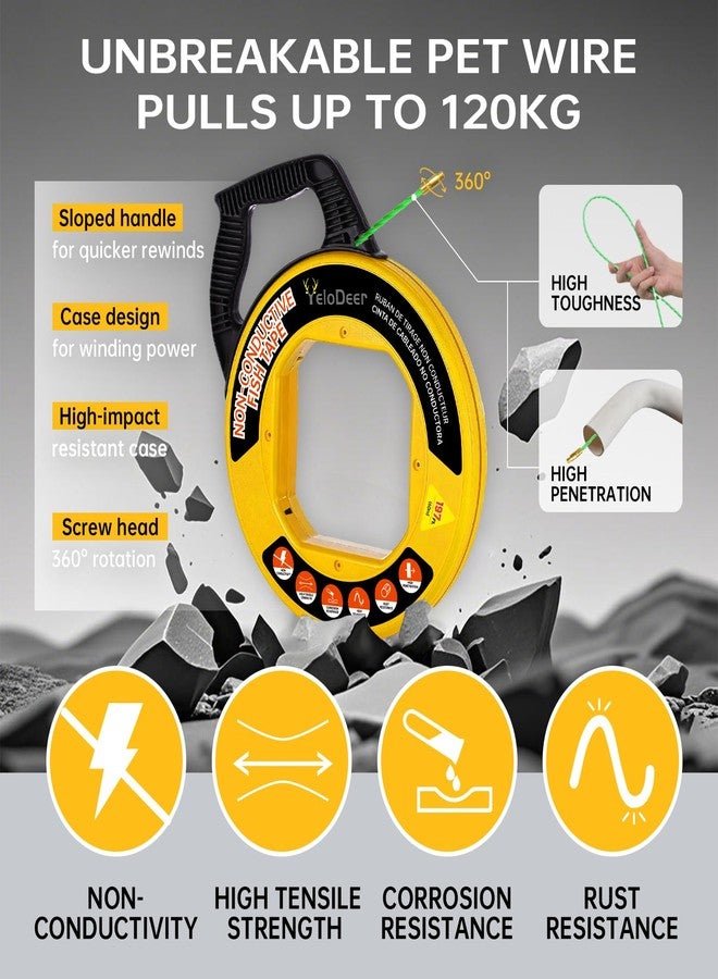 Yelodeer Fish Tape Wire Puller 197 FT x 4.5 mm with Gloves and 7 Adapters, PET Wire Fishing Tools for Walls and Electrical Conduit - Image 2