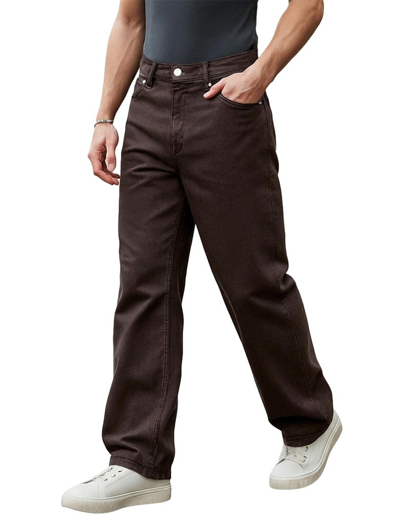 Bewakoof Men's Solid Wide Leg Cotton Baggy Jeans_624689_Brown_32 - Image 1