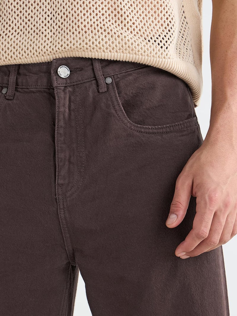 Bewakoof Men's Solid Wide Leg Cotton Baggy Jeans_624689_Brown_32 - Image 4