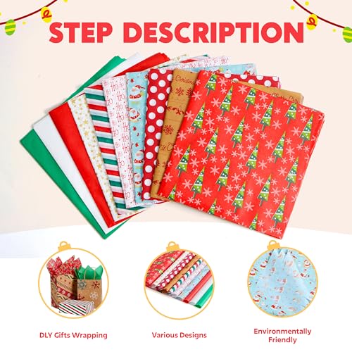 Joiedomi 150 Sheets Christmas Tissue Paper Assorted Design; Easy and Fast Gift Wrapping Accessory Perfect for present Boxes, Xmas Gift Wrapping Bags and Wine Bottles - Image 2