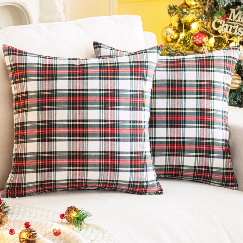AQOTHES Pack of 2 Christmas Plaid Decorative Throw Pillow Covers Scottish Tartan Cushion Case for Farmhouse Home Holiday Decor Red and White  24 x 24 Inches - Image 1