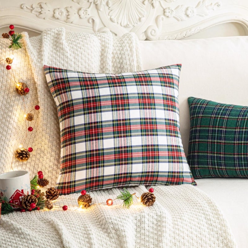 AQOTHES Pack of 2 Christmas Plaid Decorative Throw Pillow Covers Scottish Tartan Cushion Case for Farmhouse Home Holiday Decor Red and White  24 x 24 Inches - Image 3
