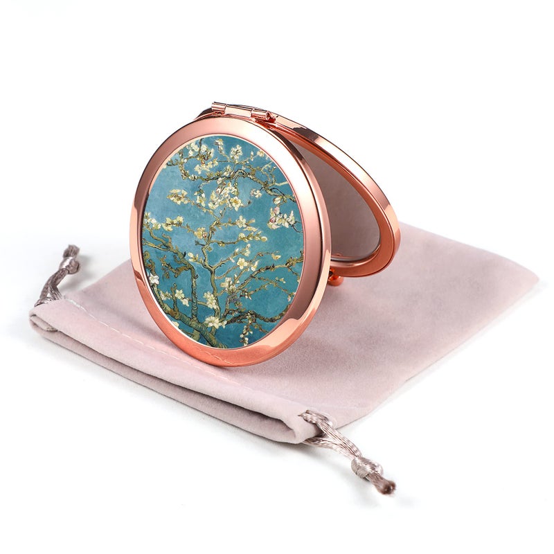 Dynippy Compact Mirror Rose Gold Makeup Mirror Folding Mini Pocket Mirror Portable Hand Mirror DoubleSided 2 x 1x Magnification for Woman Girls Almond Blossom
