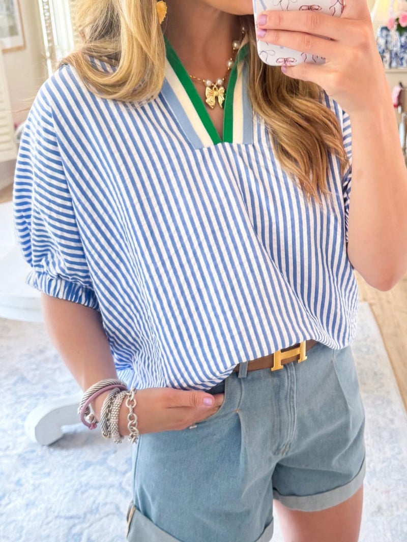 Samefar Ladies Tops and Blouses Striped V Neck Shirts Short Sleeve Womens Tops Dressy Casual Work Spring Tees Trendy Vertical Blue Large - Image 2