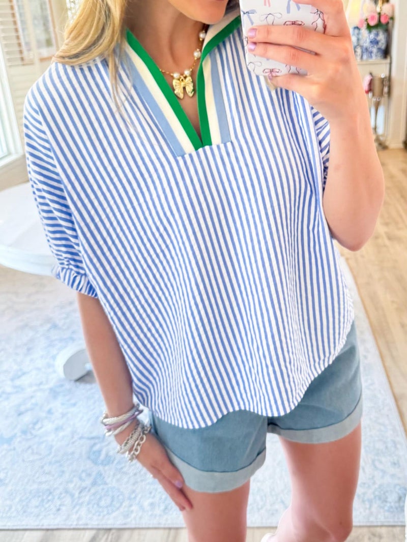 Samefar Ladies Tops and Blouses Striped V Neck Shirts Short Sleeve Womens Tops Dressy Casual Work Spring Tees Trendy Vertical Blue Large - Image 3