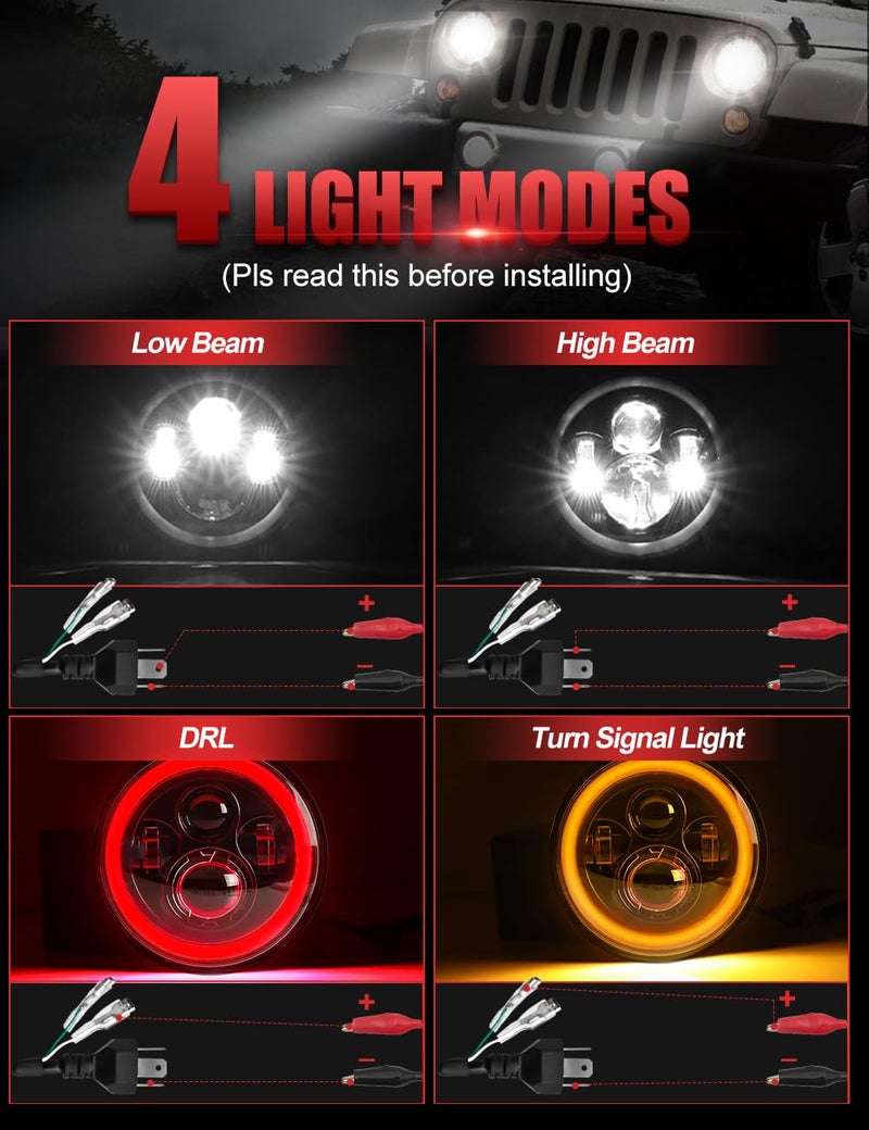 UNI-SHINE 7 inch Red Halo led Headlight Hi/Lo Beam with Amber Turn Signal 2pcs 7 inch led Headlight DOT Round H6024 LED Headlight Compatible with Jeep Wrangler JK TJ CJ, Compatible with Chevy - Image 4