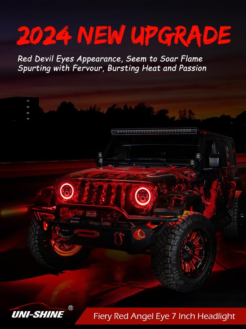 UNI-SHINE 7 inch Red Halo led Headlight Hi/Lo Beam with Amber Turn Signal 2pcs 7 inch led Headlight DOT Round H6024 LED Headlight Compatible with Jeep Wrangler JK TJ CJ, Compatible with Chevy - Image 2
