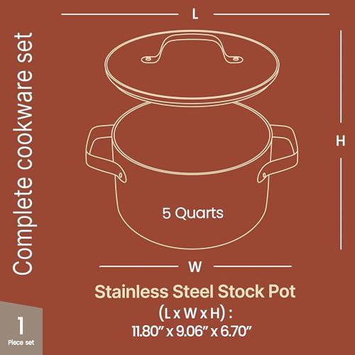 BAKKENMASTER Bakken 5 Quart Ceramic Coated Stock Pot with Lid, Easy to Clean Nonstick Pot, Tempered Glass Lid, Riveted Stainless Steel Handles, Oven Safe Up To 500°F, PTFE & PFAS Free, All Stove Compatible, Cream - Image 2