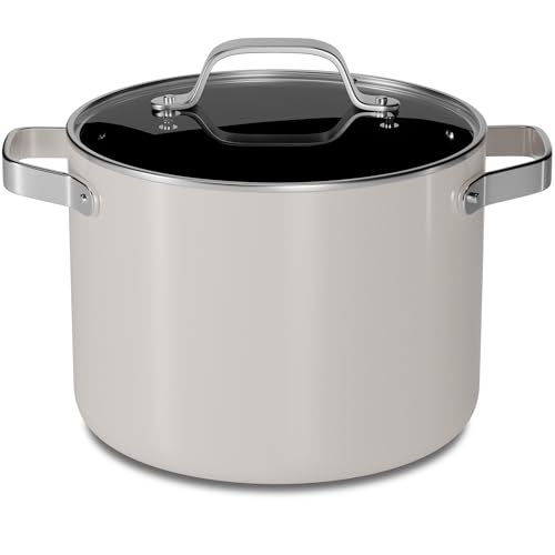 BAKKENMASTER Bakken 5 Quart Ceramic Coated Stock Pot with Lid, Easy to Clean Nonstick Pot, Tempered Glass Lid, Riveted Stainless Steel Handles, Oven Safe Up To 500°F, PTFE & PFAS Free, All Stove Compatible, Cream - Image 1