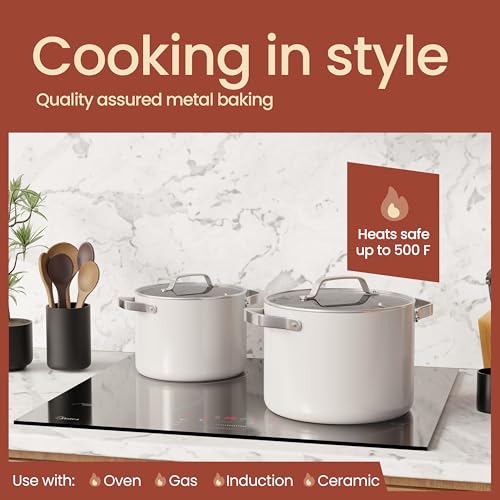 BAKKENMASTER Bakken 5 Quart Ceramic Coated Stock Pot with Lid, Easy to Clean Nonstick Pot, Tempered Glass Lid, Riveted Stainless Steel Handles, Oven Safe Up To 500°F, PTFE & PFAS Free, All Stove Compatible, Cream - Image 3