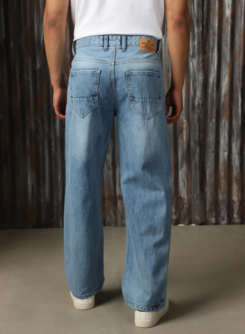 HIGH STAR Men's Indigo 100% Cotton Distressed Full Length Wide Leg Jeans - Image 3