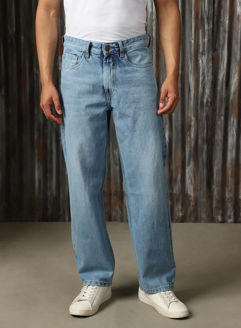HIGH STAR Men's Indigo 100% Cotton Distressed Full Length Wide Leg Jeans