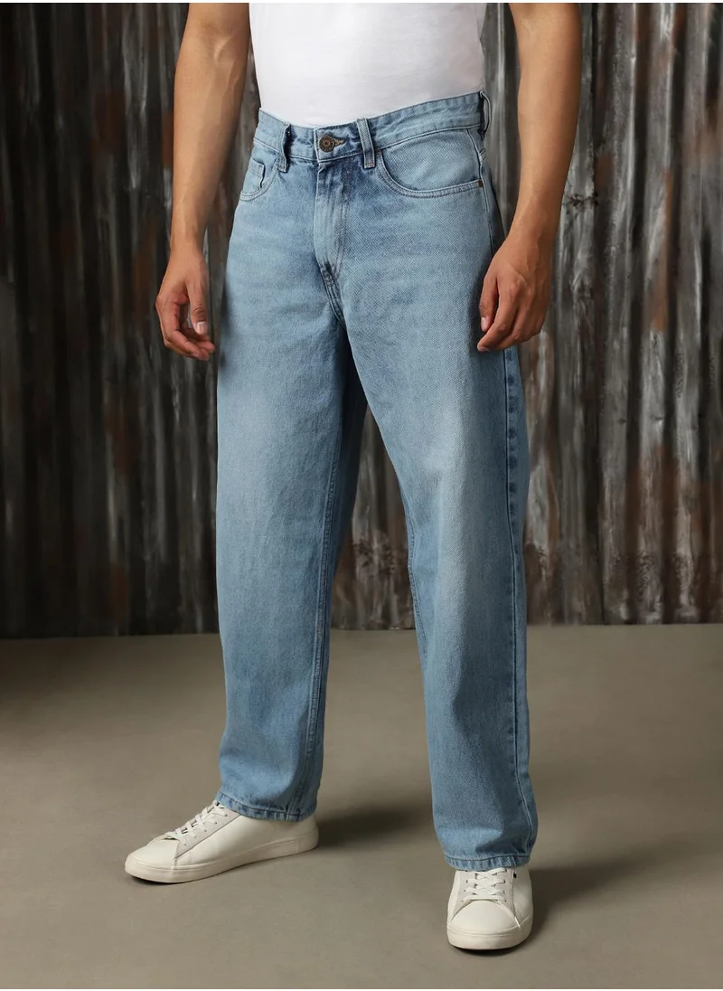 هاي ستار Men's Indigo 100% Cotton Distressed Full Length Wide Leg Jeans