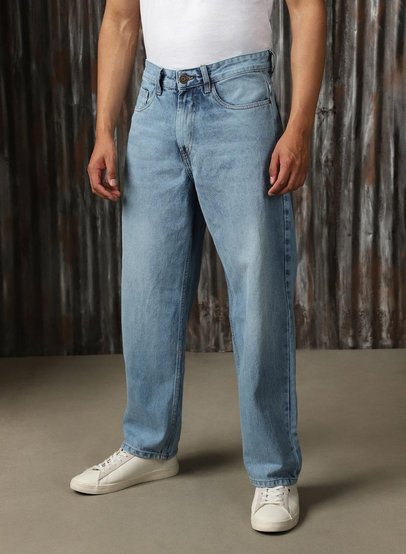 HIGH STAR Men's Indigo 100% Cotton Distressed Full Length Wide Leg Jeans - Image 2
