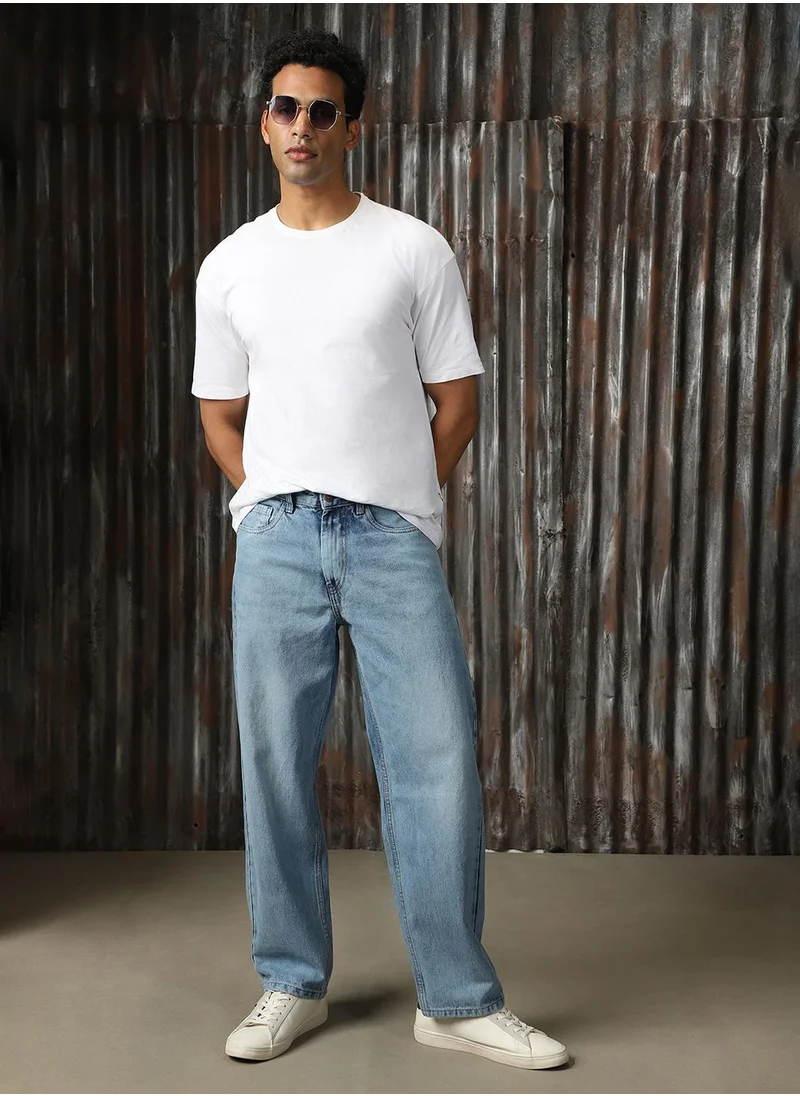 هاي ستار Men's Indigo 100% Cotton Distressed Full Length Wide Leg Jeans