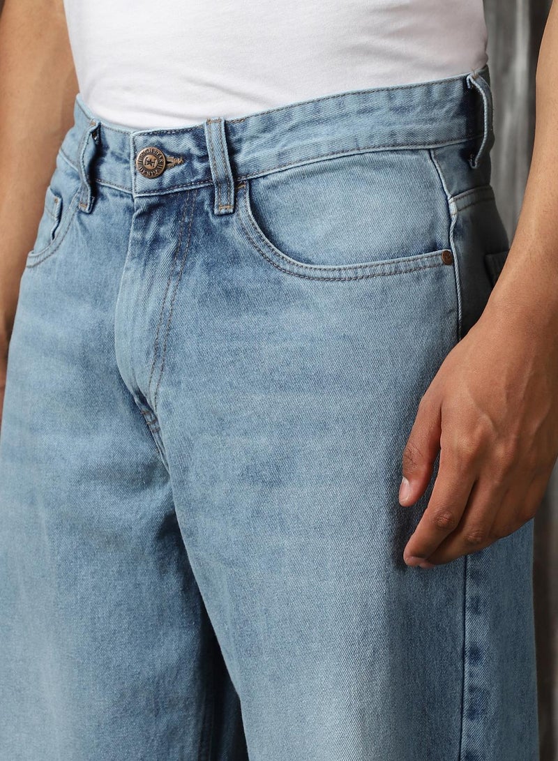 HIGH STAR Men's Indigo 100% Cotton Distressed Full Length Wide Leg Jeans - Image 5