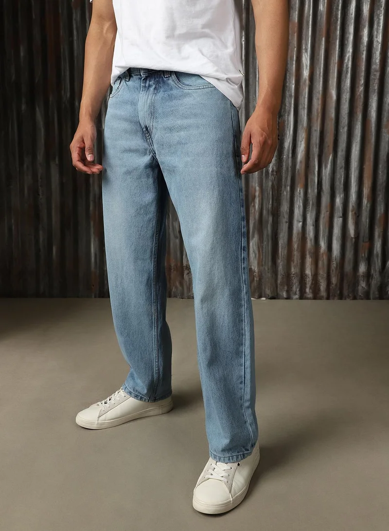 HIGH STAR Men's Indigo 100% Cotton Distressed Full Length Wide Leg Jeans