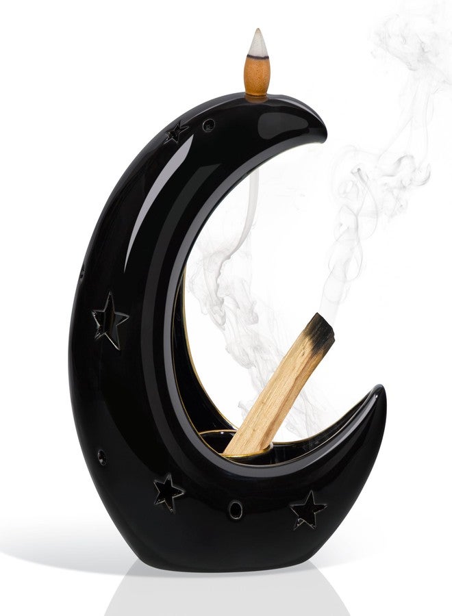 ZenBless Moon Versatile Ceramic Backflow Incense Holder and Burner Waterfall,for Burning Sage, Palo Santo, Backflow Cone and Candle,Aromatherapy Ornament Home Room Decor,The Ideal Present (Black) - Image 1