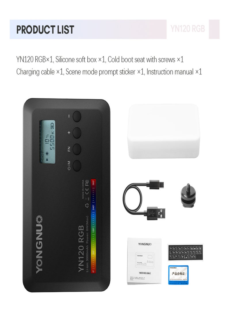 YONGNUO YONGNUO YN120 8W RGB Photography Lamp Bi-color LED Light Pocket Vlog Light 2500K-9900K Color Temperature Dimmable with 0.96in LCD Screen 120 LED Beads 31 FX Lighting Effects 1/4in Standar Threaded  - Image 2