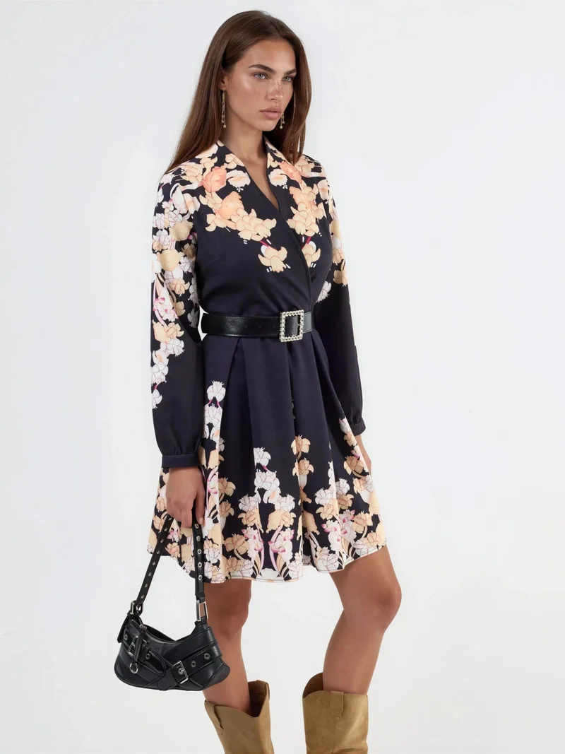 جينيفر Floral Print V-Neck Belted Mini Dress