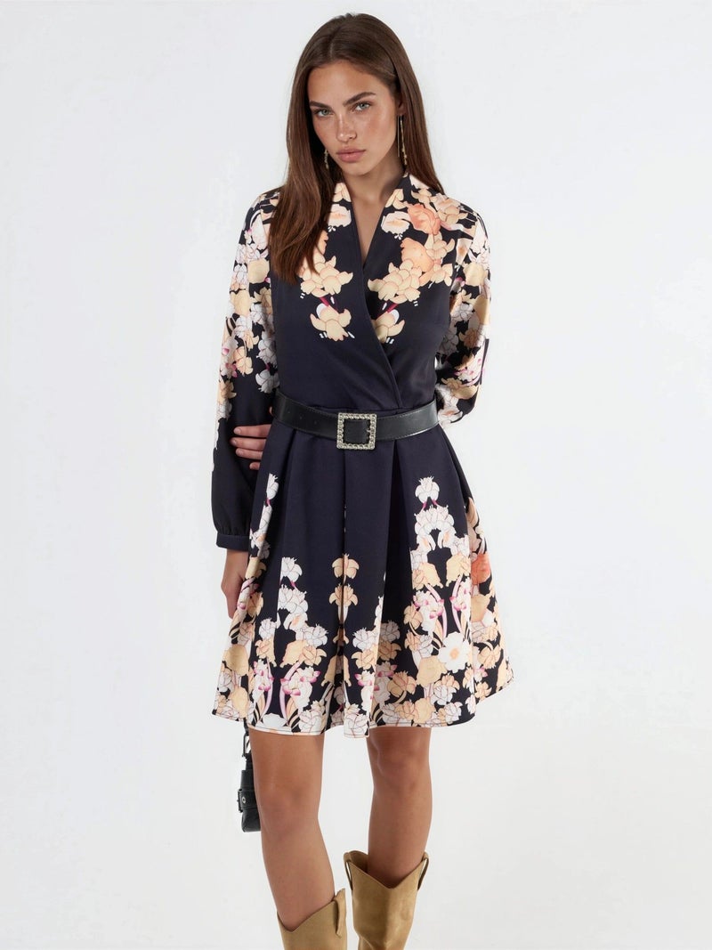 Jennyfer Floral Print V-Neck Belted Mini Dress - Image 1