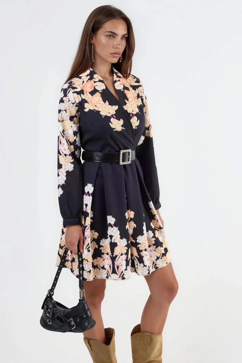 جينيفر Floral Print V-Neck Belted Mini Dress