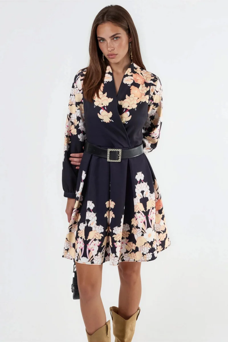 جينيفر Floral Print V-Neck Belted Mini Dress