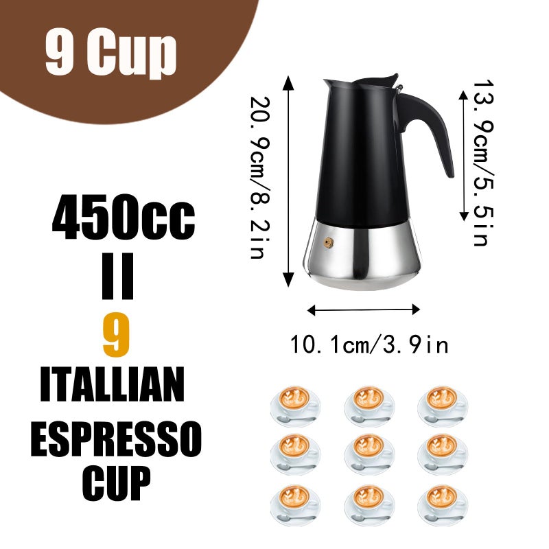 DITOSH 9 Cup Stovetop Espresso Maker Stainless Steel Moka Pot Stove Top Percolator Italian Coffee Makers Capable Mocha Greca Machine Cafe Classic Induction Cookers for Home and Camping 450ml 15oz - Image 2