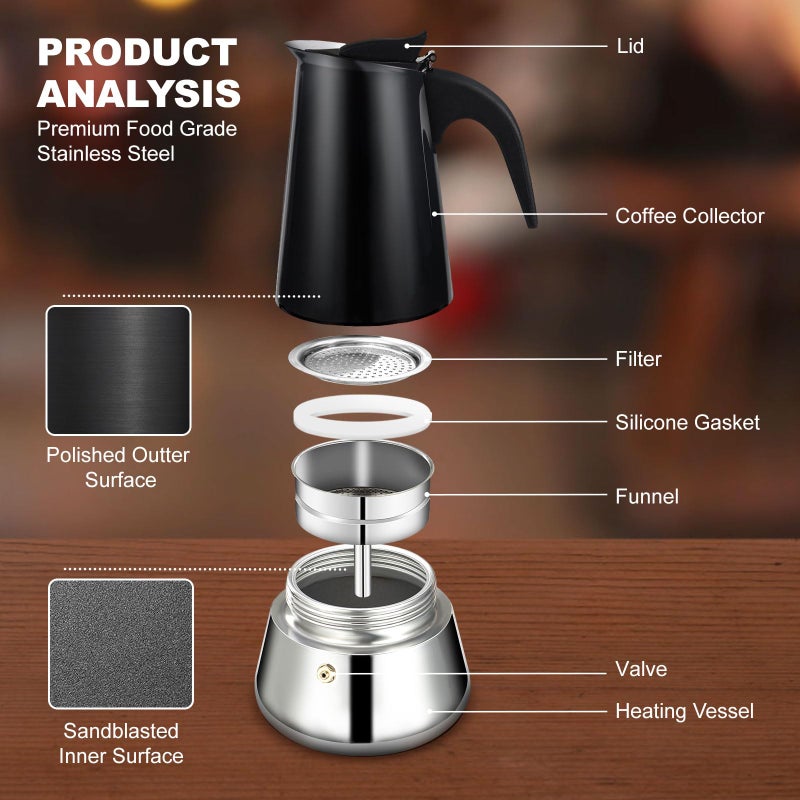 DITOSH 9 Cup Stovetop Espresso Maker Stainless Steel Moka Pot Stove Top Percolator Italian Coffee Makers Capable Mocha Greca Machine Cafe Classic Induction Cookers for Home and Camping 450ml 15oz - Image 4