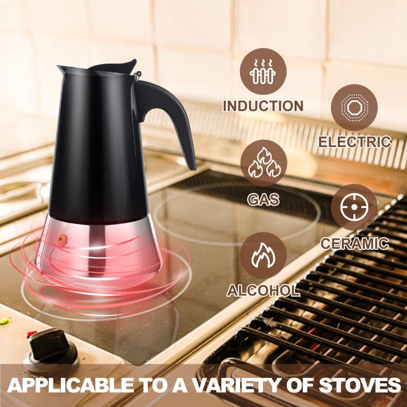 DITOSH 9 Cup Stovetop Espresso Maker Stainless Steel Moka Pot Stove Top Percolator Italian Coffee Makers Capable Mocha Greca Machine Cafe Classic Induction Cookers for Home and Camping 450ml 15oz - Image 5
