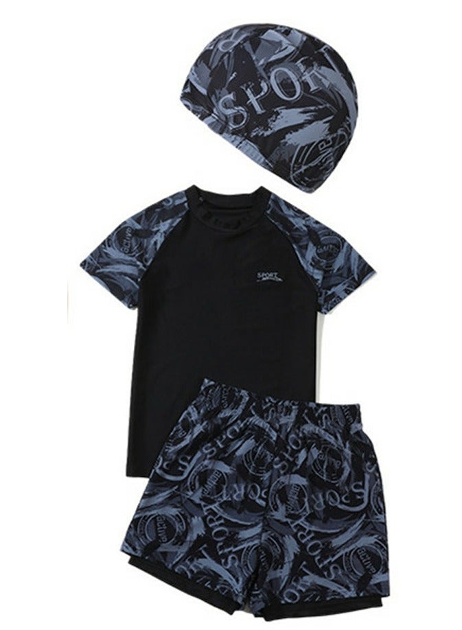 Loquat Boys Quick Dry Split Swimsuits Set Short Sleeve Swim Shirts ,Swim  Trunks With Compression Liner And Swim Cap Set - Image 1