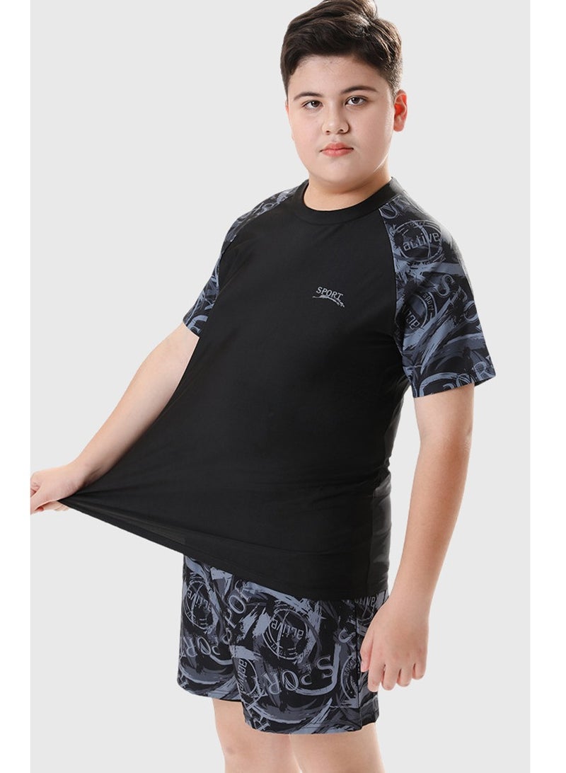 Loquat Boys Quick Dry Split Swimsuits Set Short Sleeve Swim Shirts ,Swim  Trunks With Compression Liner And Swim Cap Set - Image 2