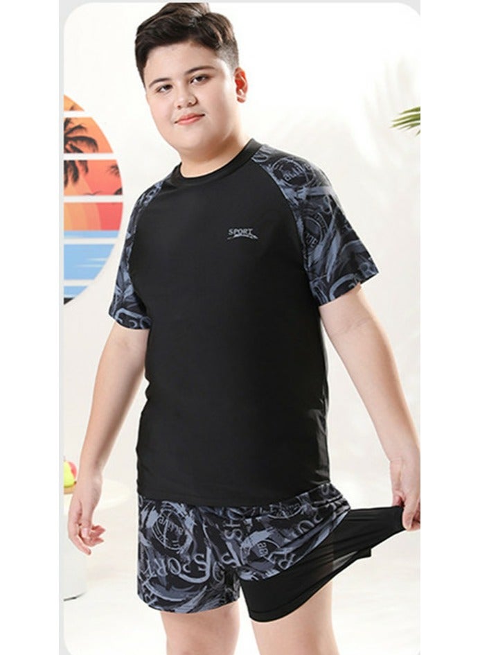 Loquat Boys Quick Dry Split Swimsuits Set Short Sleeve Swim Shirts ,Swim  Trunks With Compression Liner And Swim Cap Set - Image 3