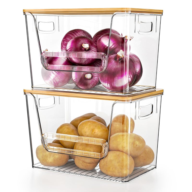 Delamu 2 Set Pantry Organizers and Storage, Trash Bag Holder Under Sink Organizer for 4-13 Gal Bags, Trash Bag Dispenser with Bamboo Top for Onion, Potato, Garlic, Clear (11-7/32"L*7" W*7-1/8"H) - Image 1