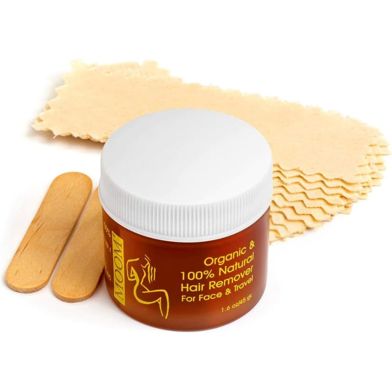 MOOM مووم - مجموعة سفر شمع السكر للوجه، لإزالة الشعر من الذقن والحواجب والشفة العليا - مصنوعة من الألوة فيرا وزيت شجرة الشاي - تشمل وعاء 1.6 أونصة، 6 شرائط قماش قابلة لإعادة الاستخدام و2 عصا لتطبيق الشمع - Image 1