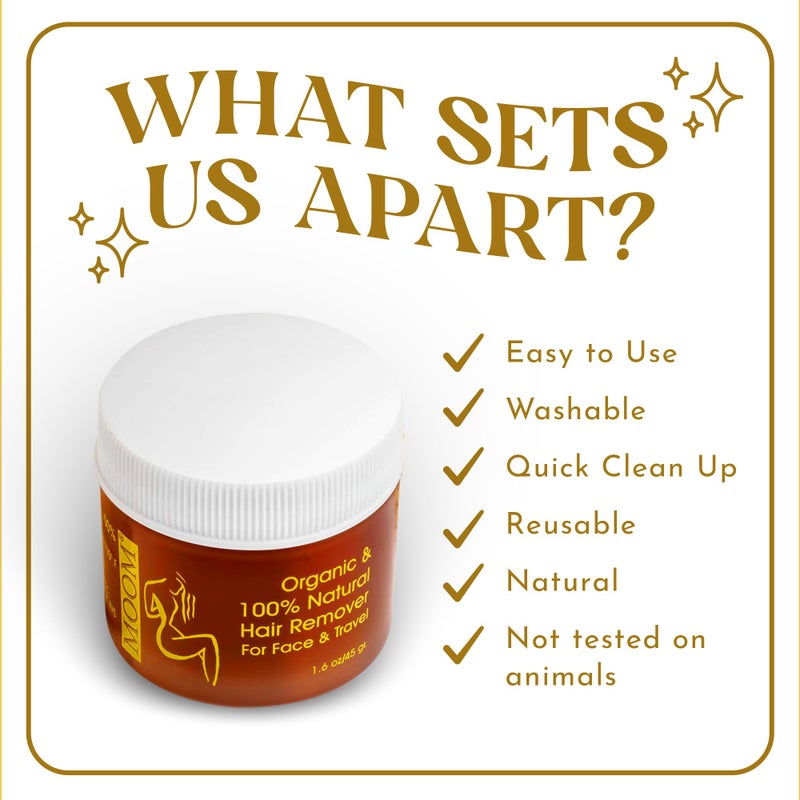 MOOM مووم - مجموعة سفر شمع السكر للوجه، لإزالة الشعر من الذقن والحواجب والشفة العليا - مصنوعة من الألوة فيرا وزيت شجرة الشاي - تشمل وعاء 1.6 أونصة، 6 شرائط قماش قابلة لإعادة الاستخدام و2 عصا لتطبيق الشمع - Image 3