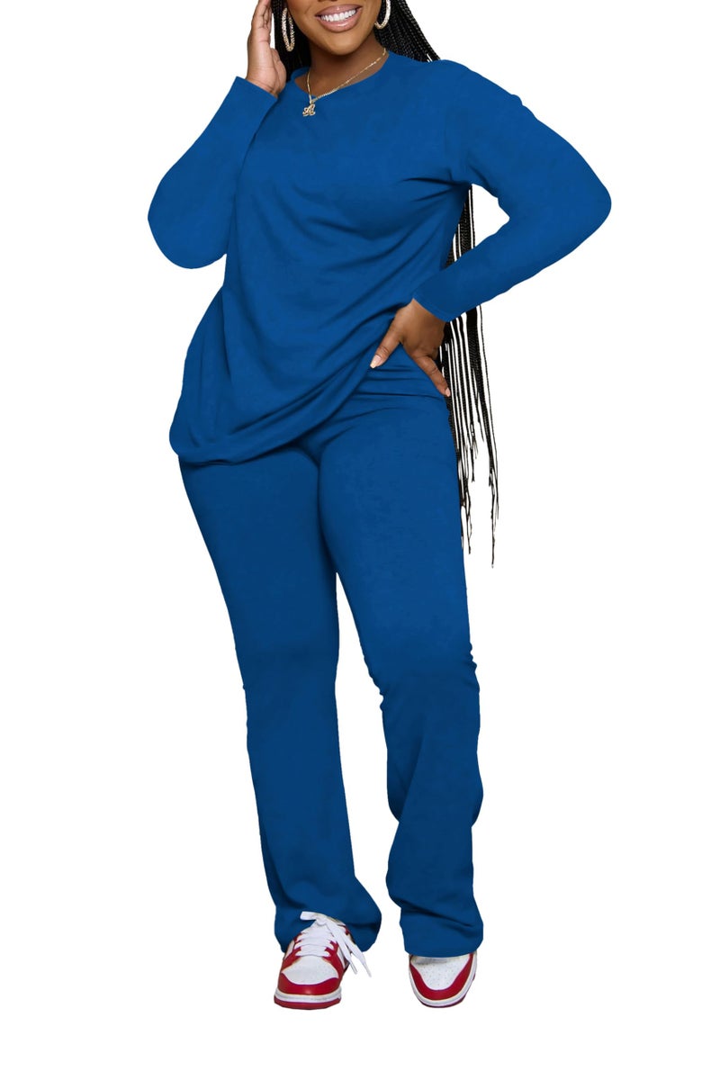 PINSV Womens 2 Piece Outfits Casual Sets Long Sleeve Top and Flare Pants Lounge Sets Tracksuit Blue M - Image 3