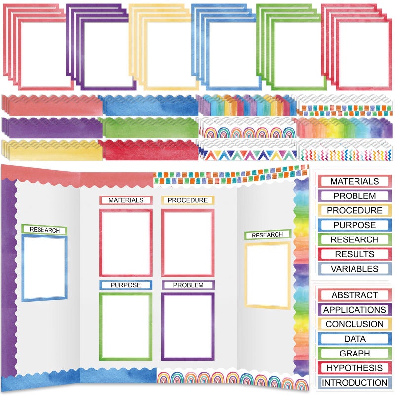 Fuyoooo 90 Pcs Science Fair Board Supplies 60 Trim Scalloped Bulletin Board Borders 24 Presentation Board Subtitles 6 Science Fair Titles for Classroom Display Boards (Watercolor) - Image 1