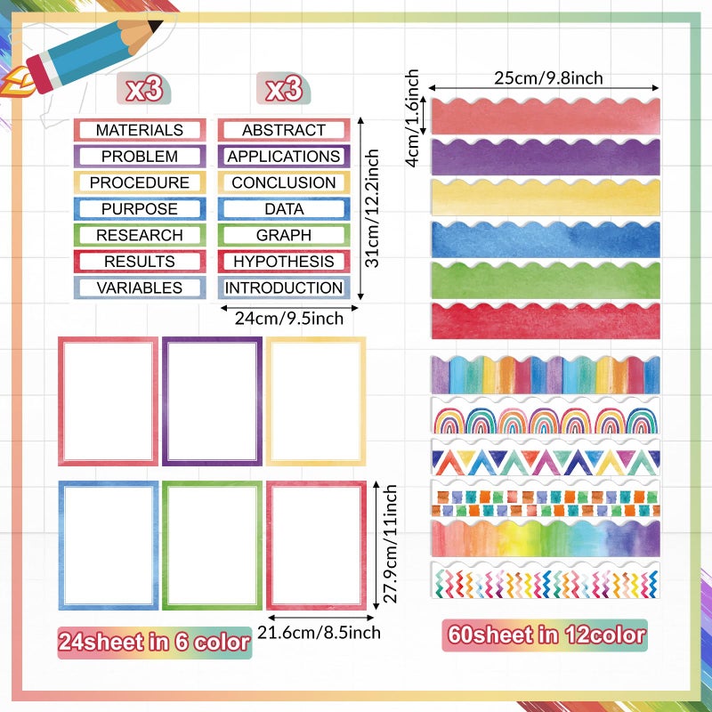 Fuyoooo 90 Pcs Science Fair Board Supplies 60 Trim Scalloped Bulletin Board Borders 24 Presentation Board Subtitles 6 Science Fair Titles for Classroom Display Boards (Watercolor) - Image 2