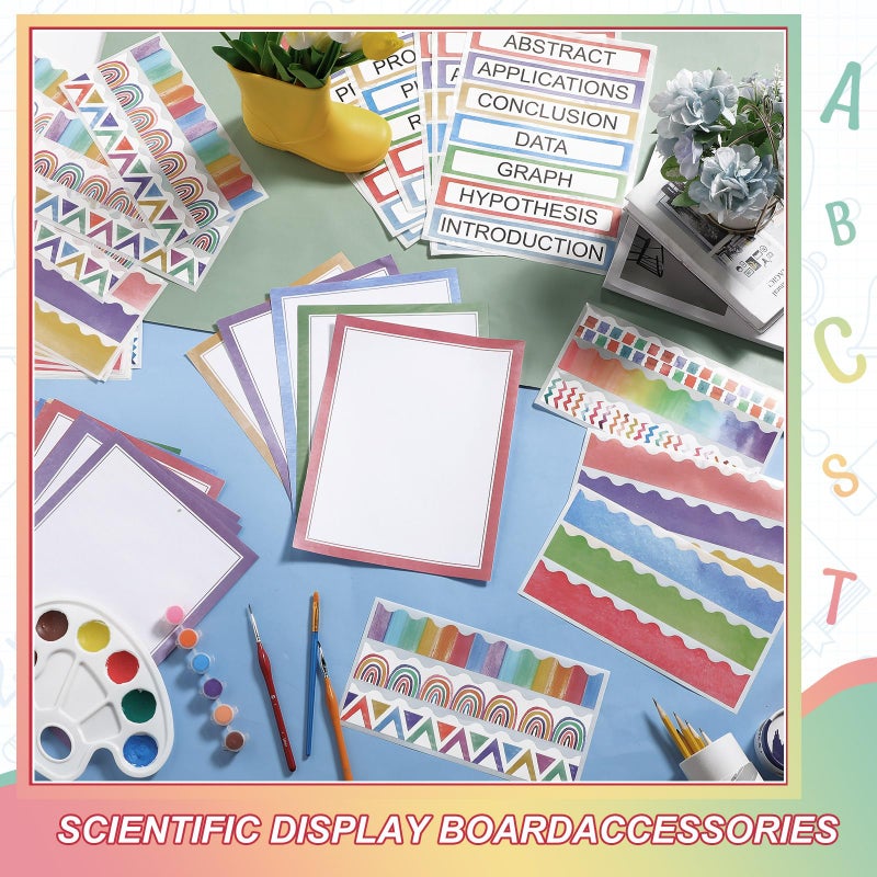 Fuyoooo 90 Pcs Science Fair Board Supplies 60 Trim Scalloped Bulletin Board Borders 24 Presentation Board Subtitles 6 Science Fair Titles for Classroom Display Boards (Watercolor) - Image 4