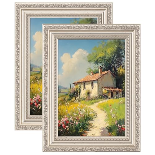 eletecpro 5x7 Picture Frames Set of 2 Vintage Frames with Glass Cover Silver Photo Frame Displays 4x6 Photo with Mat or 5x7 without Mat for Tabletop or Wall Decor Silver Beige - Image 1
