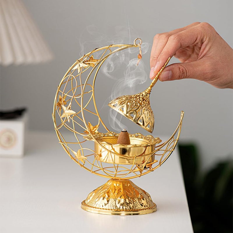 مارسك مبخرة زخرفية ذهبية، تصميم هلال مع نجوم، سبيكة زنك مع حديد، ارتفاع 7.5 بوصة وعرض 5.5 بوصة، طراز عربي - Image 5