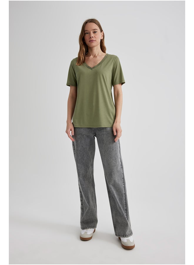 DeFacto - Woman Regular Fit V Neck Knitted Short Sleeve T-Shirt - Image 1