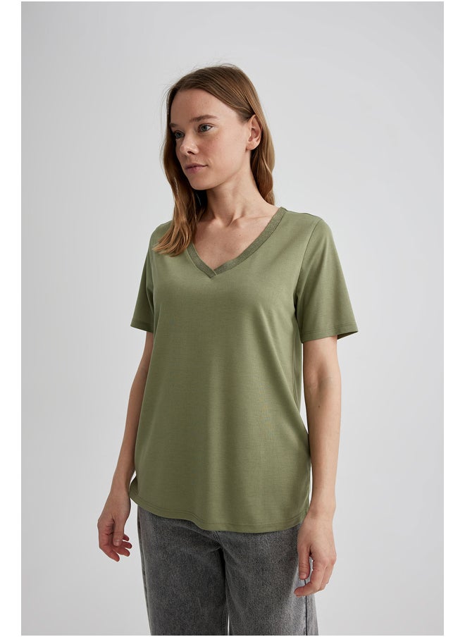 DeFacto - Woman Regular Fit V Neck Knitted Short Sleeve T-Shirt - Image 1